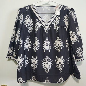 Women's Unbranded Navy & White Printed V-Neck Tunic Top XL